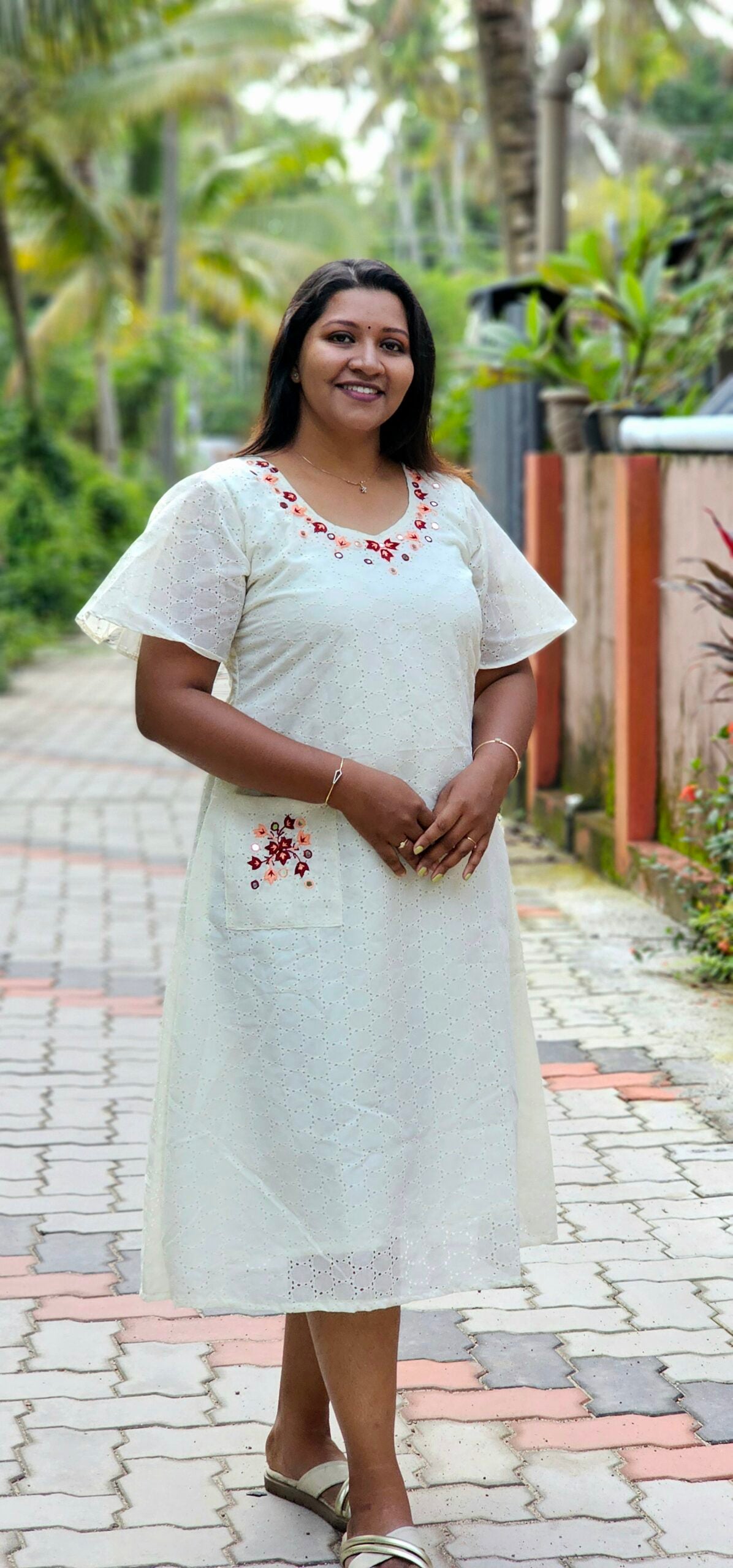 Hand Embroidered Premium Offwhite Hakoba Dress  with Pocket image 0