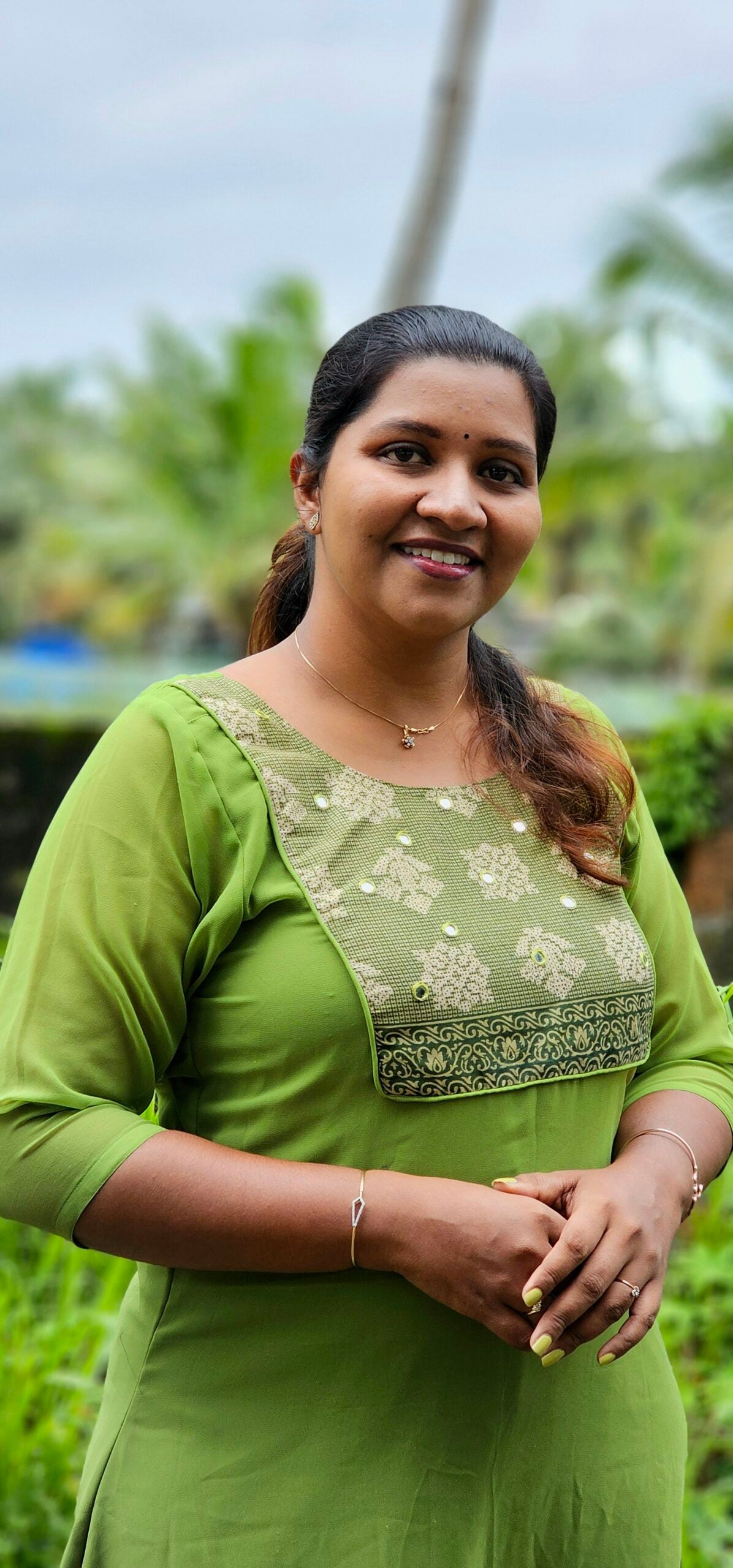 Block Printed Yoke with Mirrors  Green Georgette Aline Top image 1