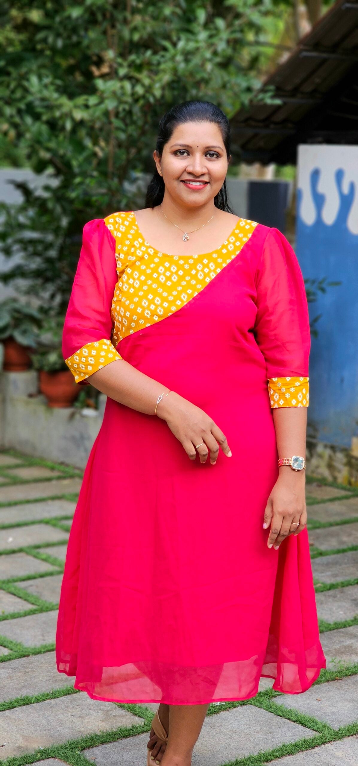 Viva Asymmetric yoke Cherry Red Georgette Kurti image 0