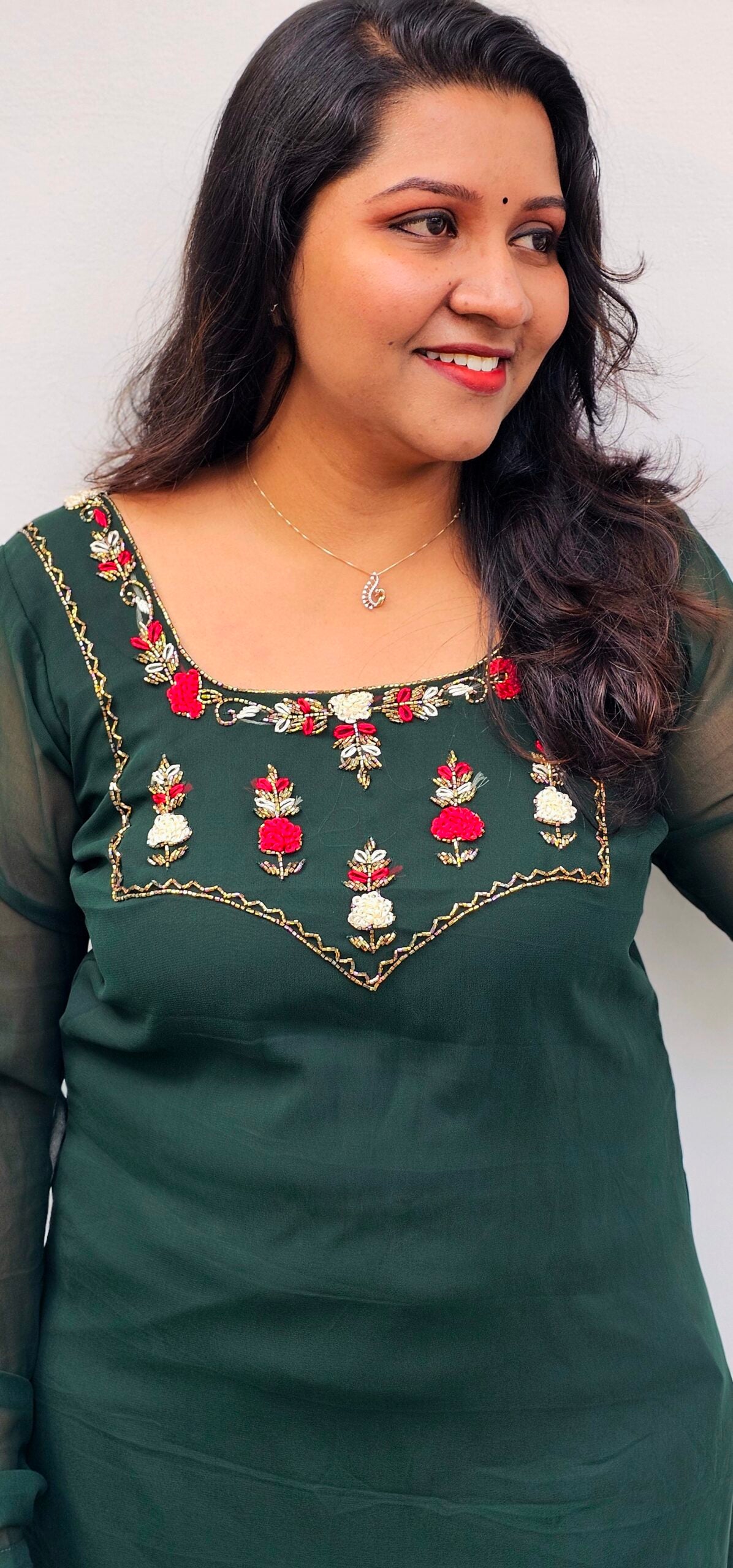 Bottle Green Handworked Georgette Christmas Special Kurti image 2