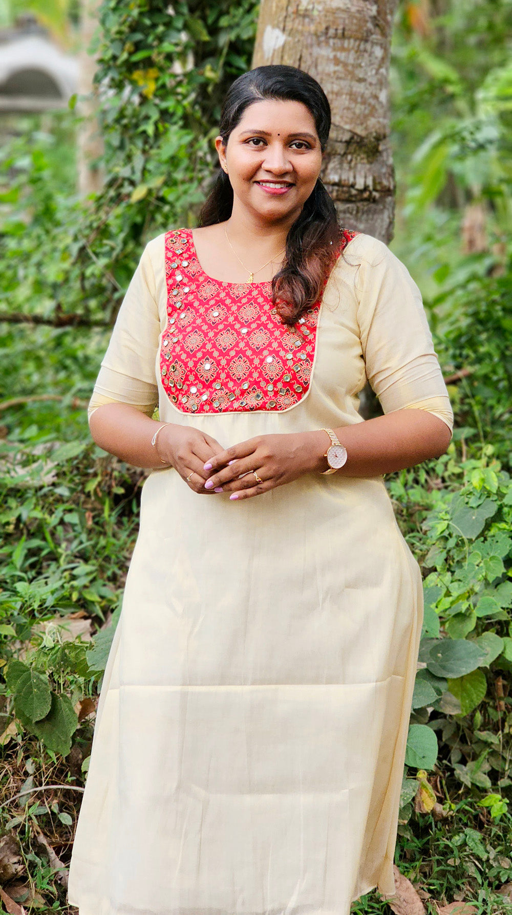 Golden Tissue Aline Top With Red Ajrakh Mirror Yoke image 1