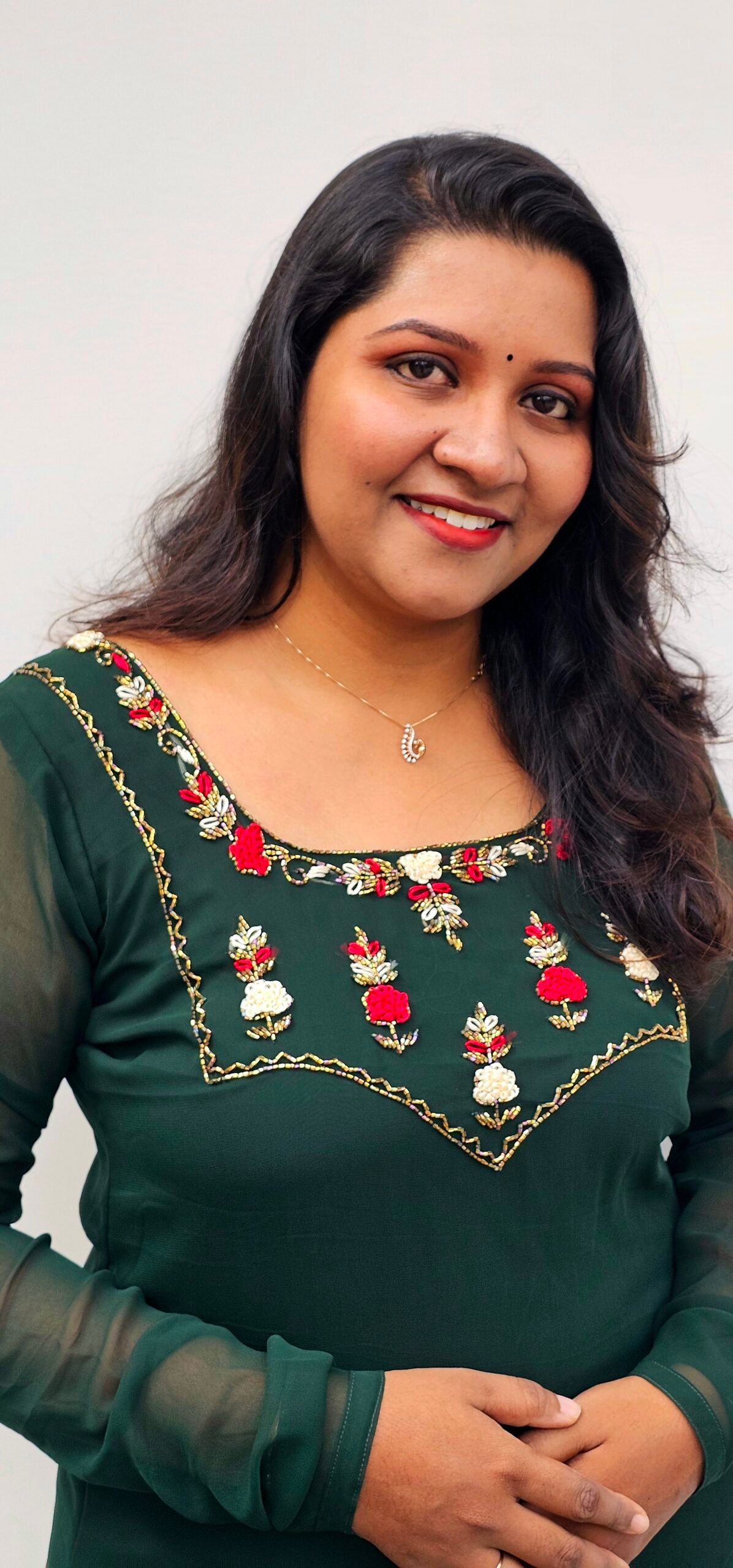 Bottle Green Handworked Georgette Christmas Special Kurti image 3