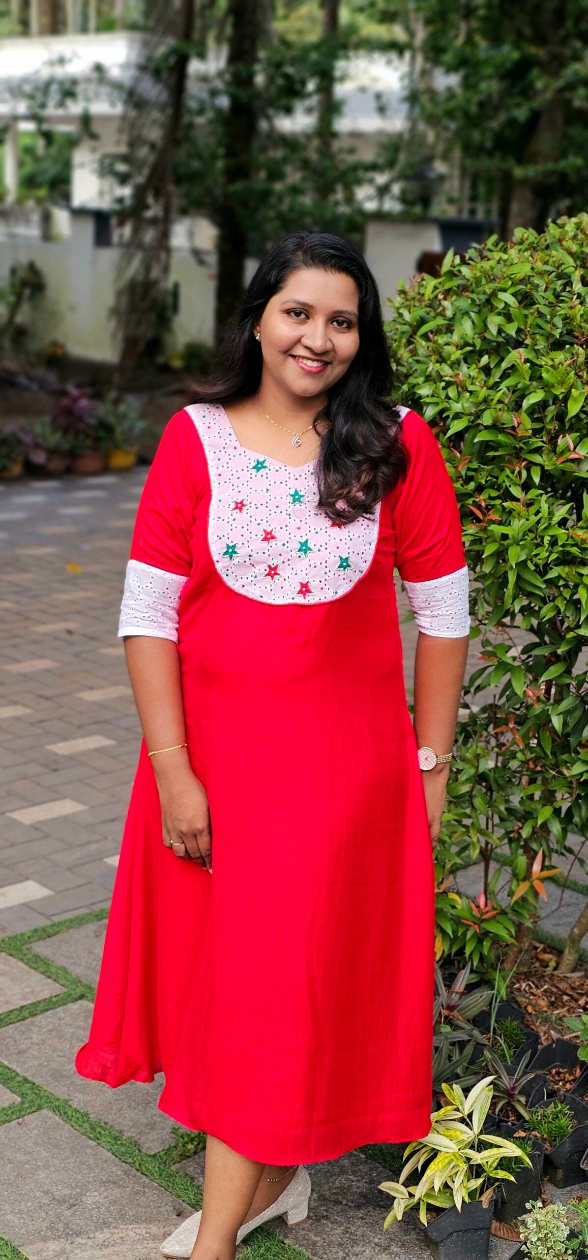 'Carolina' Red Vichithra Silk Kurti with Hakoba Yoke image 0