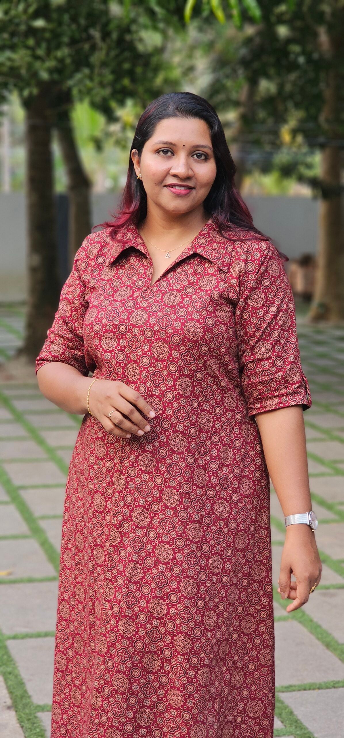 'Ajraa' Maroon Cotton Shirt Collar Dress image 1