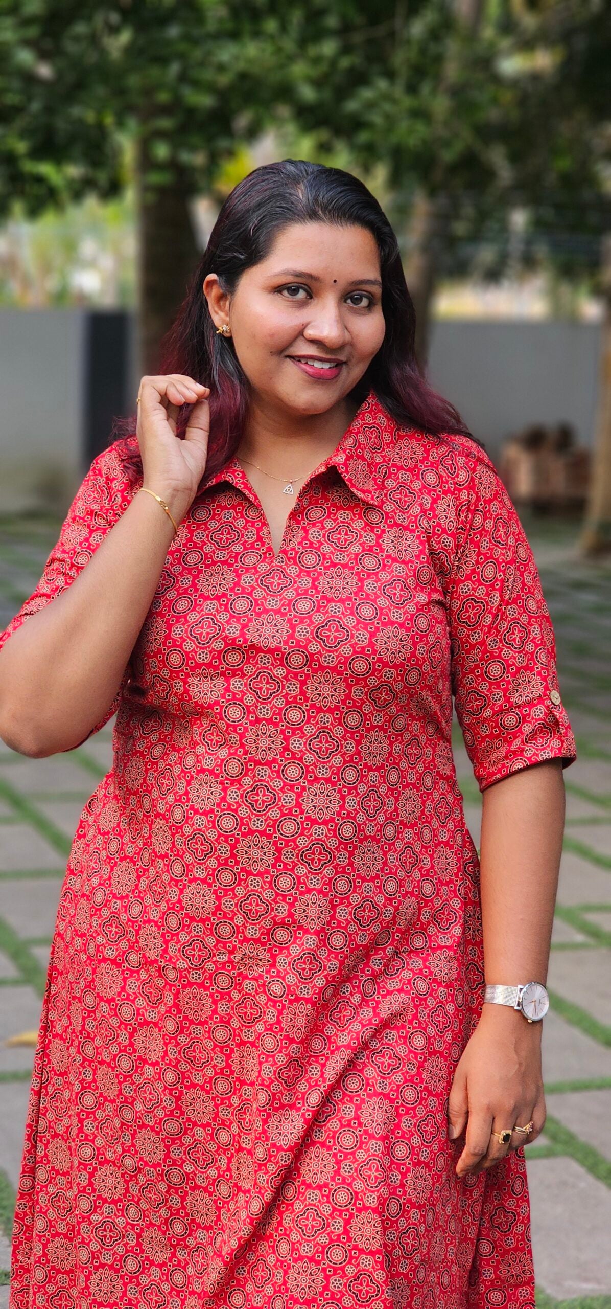 'Ajraa' Red Cotton Shirt Collar Dress image 1