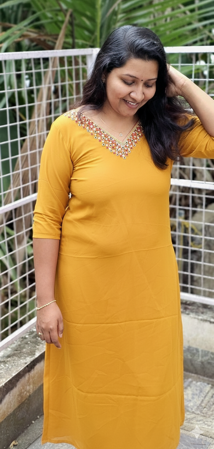 Aleena’ Thread Worked A-Line Georgette Top Mustard Yellow image 0