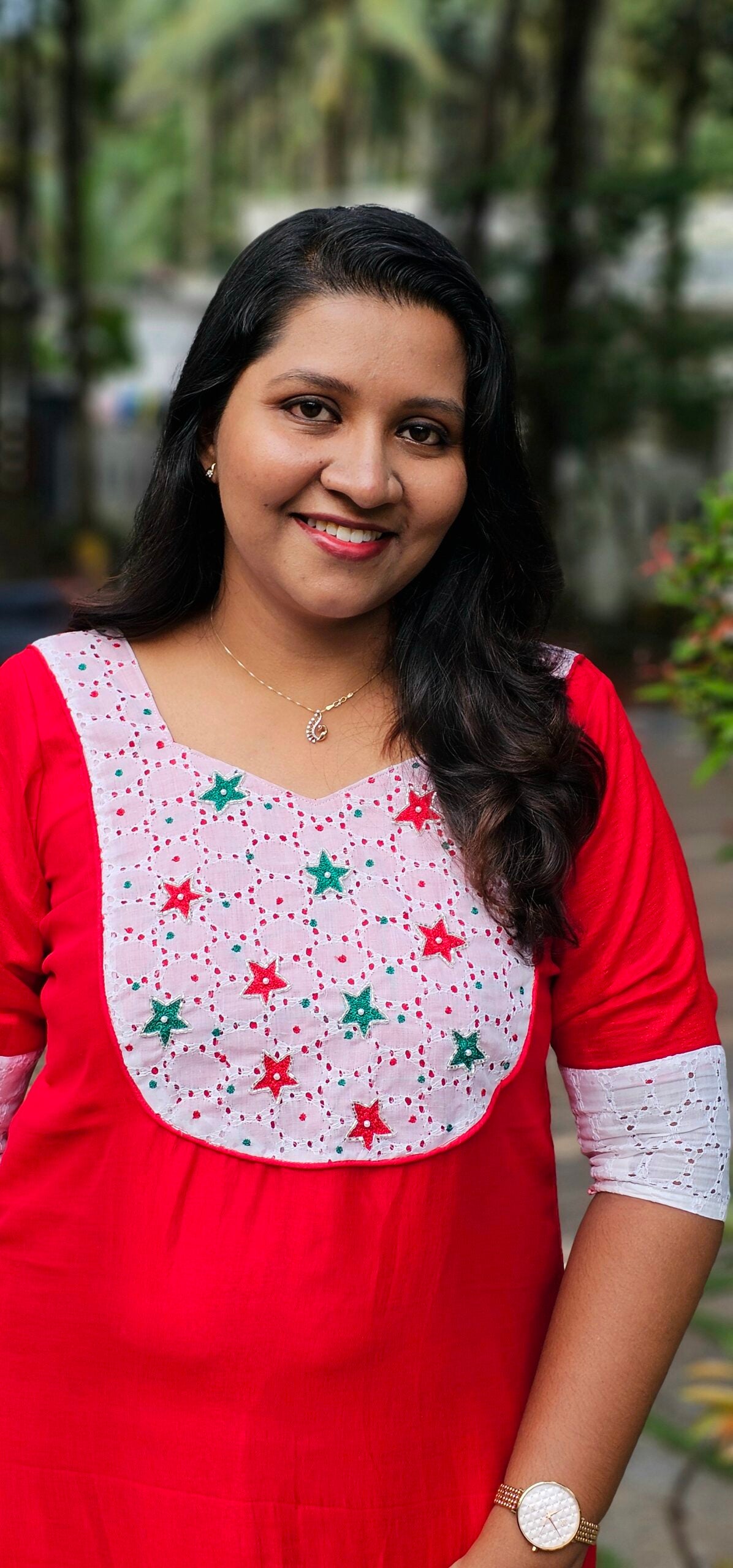 'Carolina' Red Vichithra Silk Kurti with Hakoba Yoke image 1