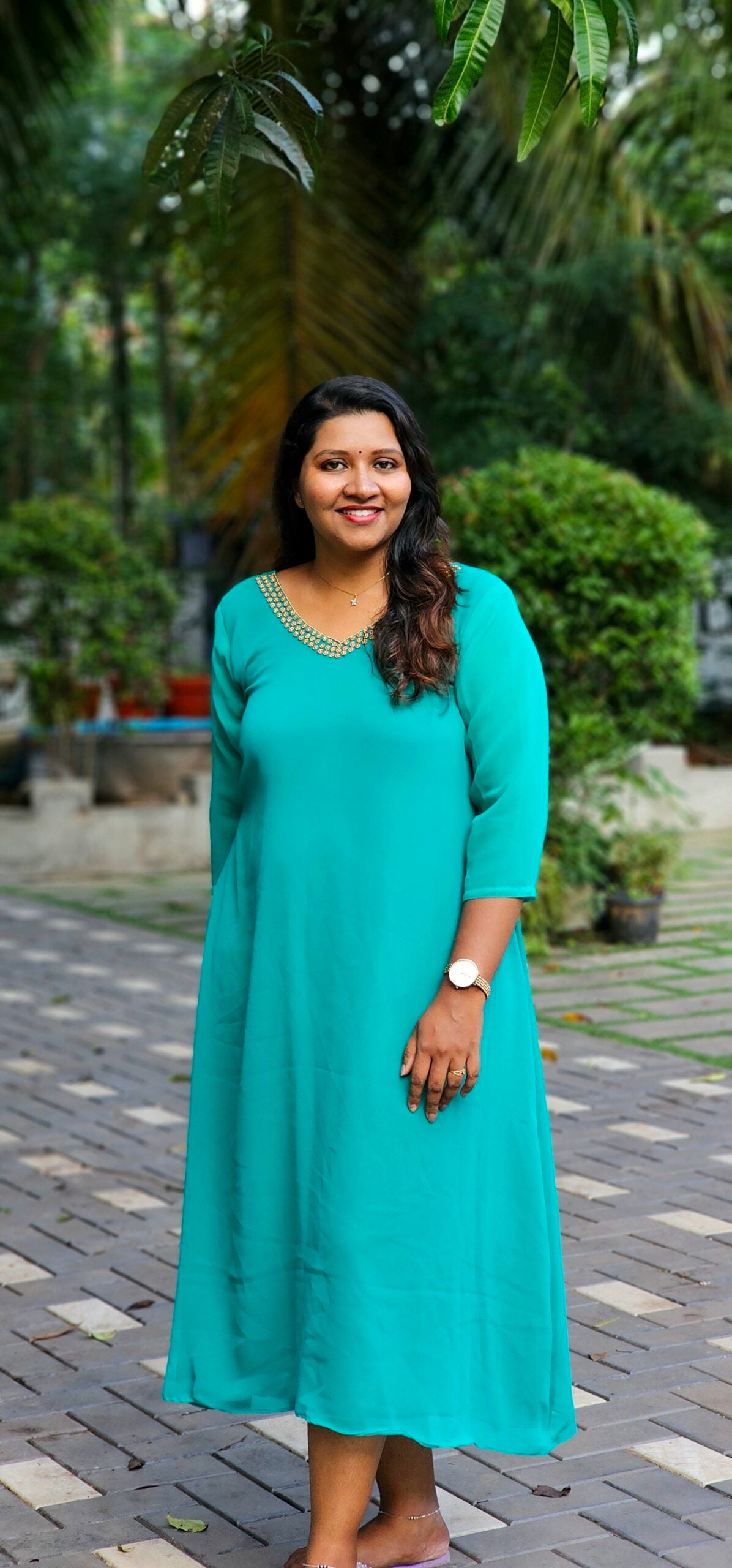 Green Georgette Handworked V Neck Top image 0