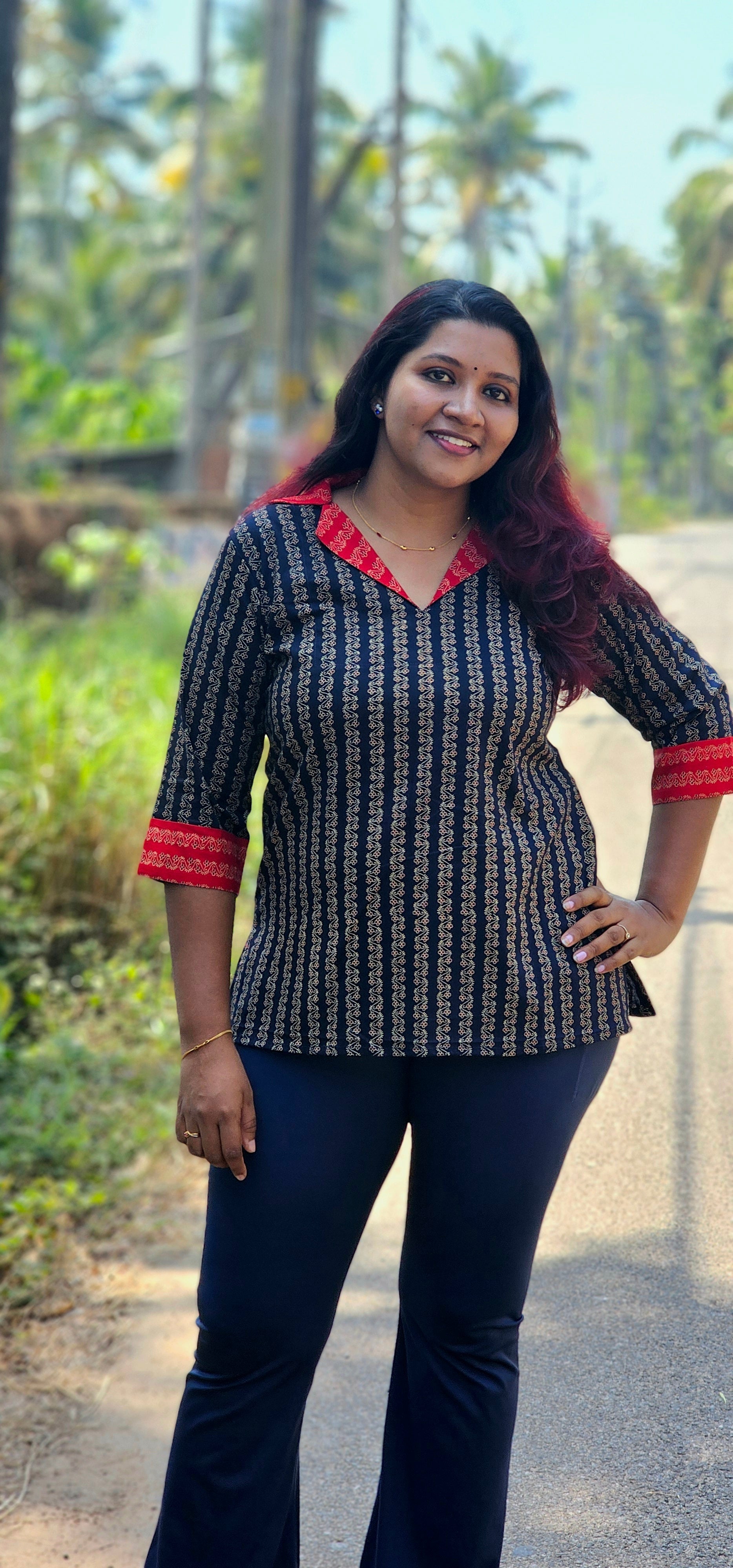 Maya Navy Ajrakh Coat Collar Short Kurti