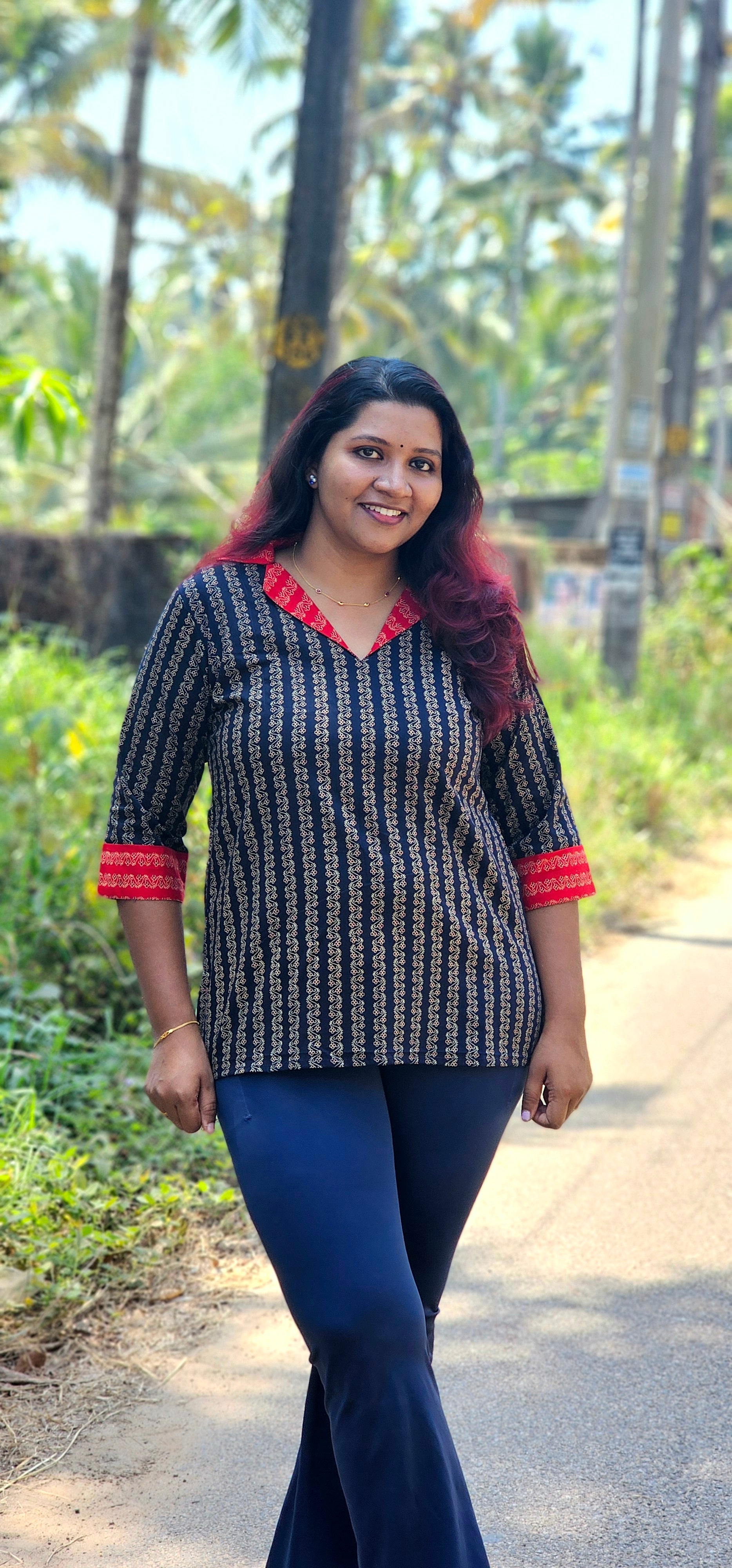 Maya Navy Ajrakh Coat Collar Short Kurti