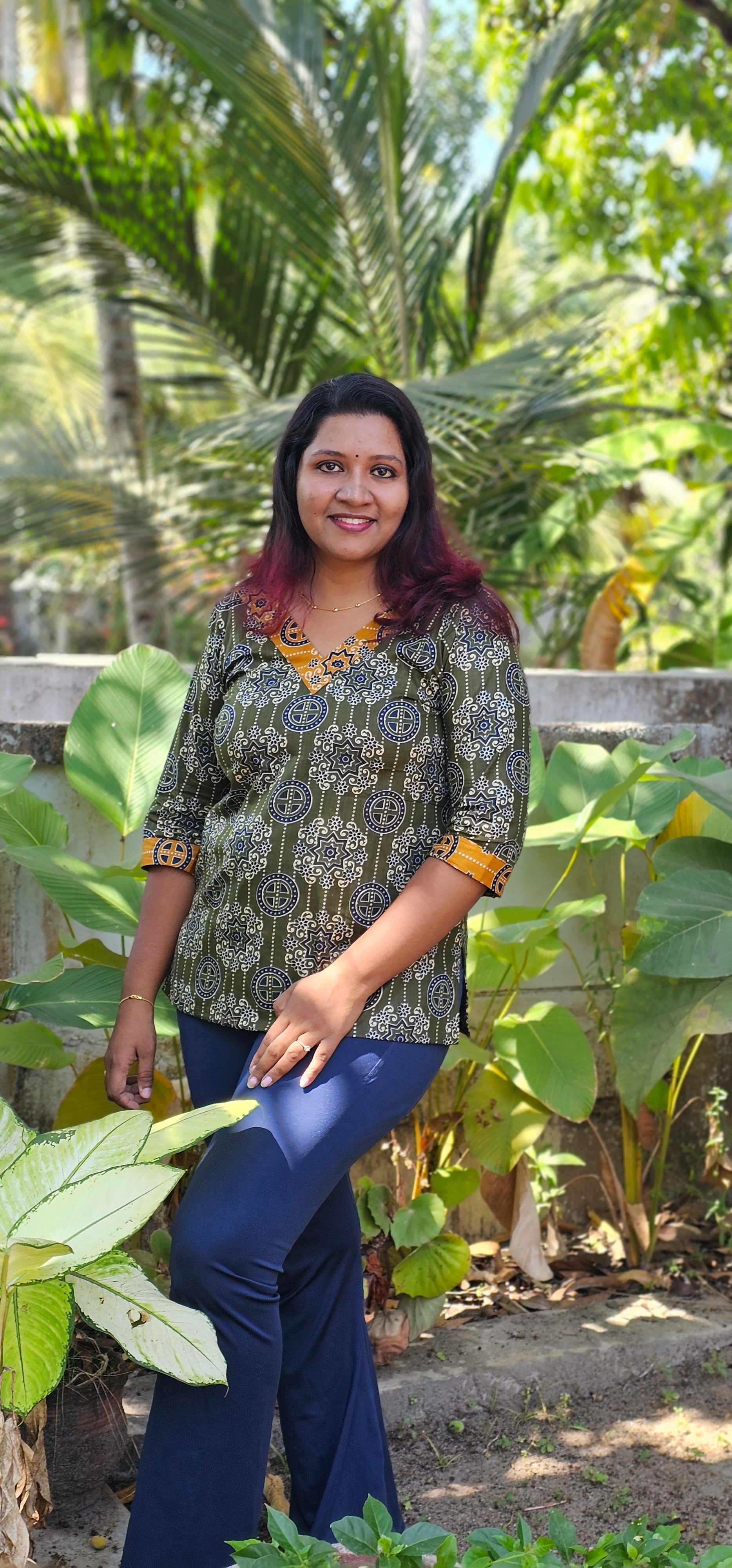 Miya Olive Green Cotton Printed Short Kurti