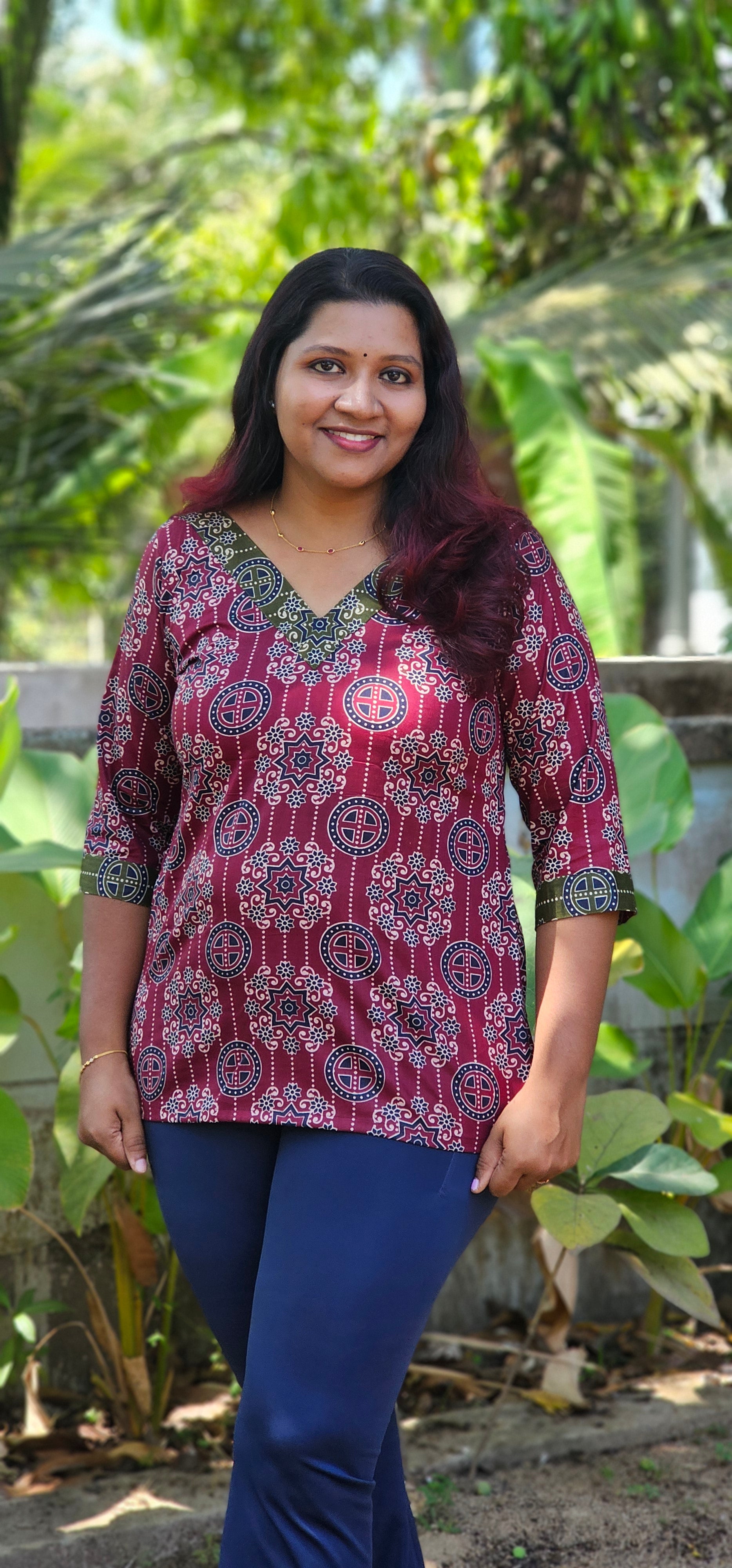 Miya Wine Cotton Printed Short Kurti