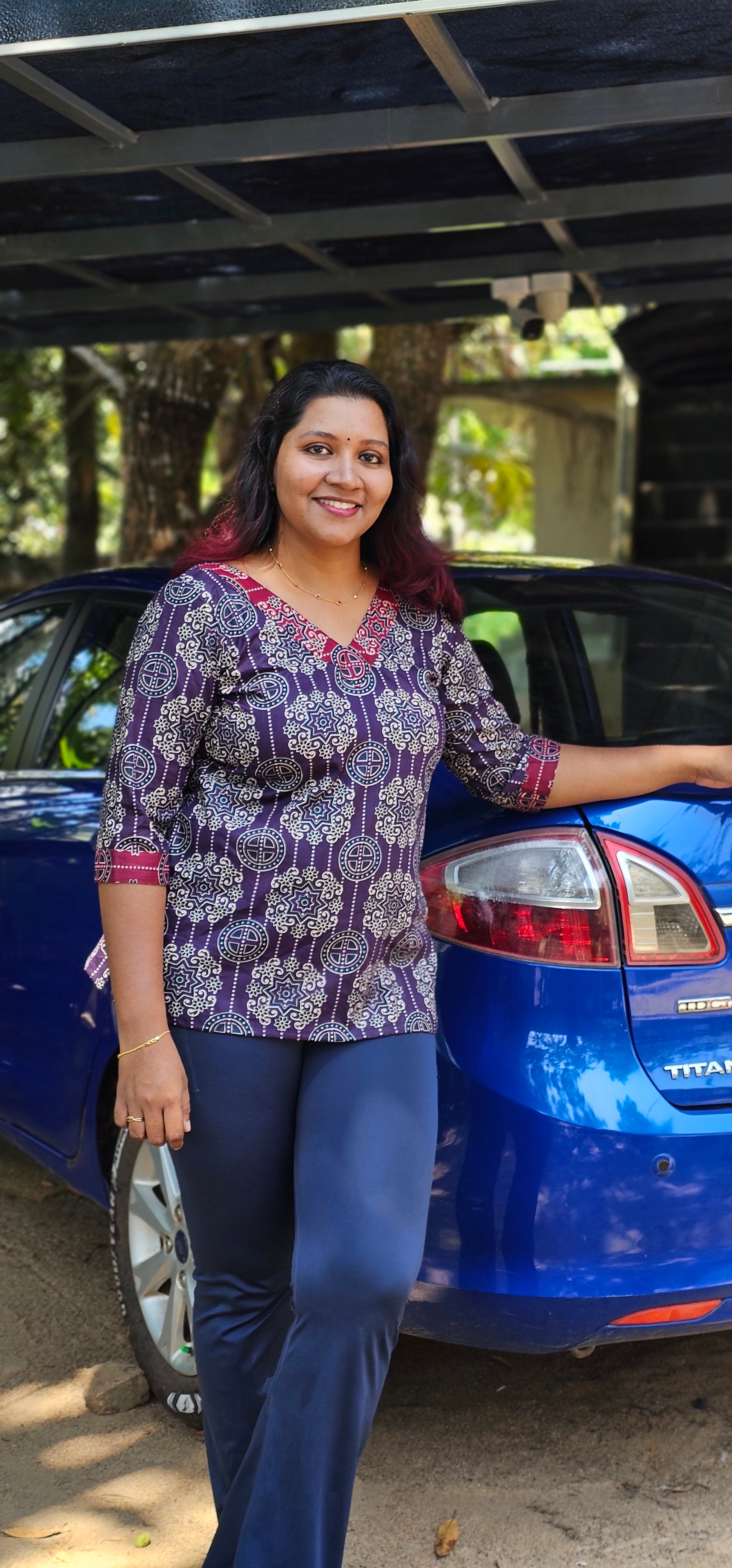 Miya Navy Blue Cotton Printed Short Kurti