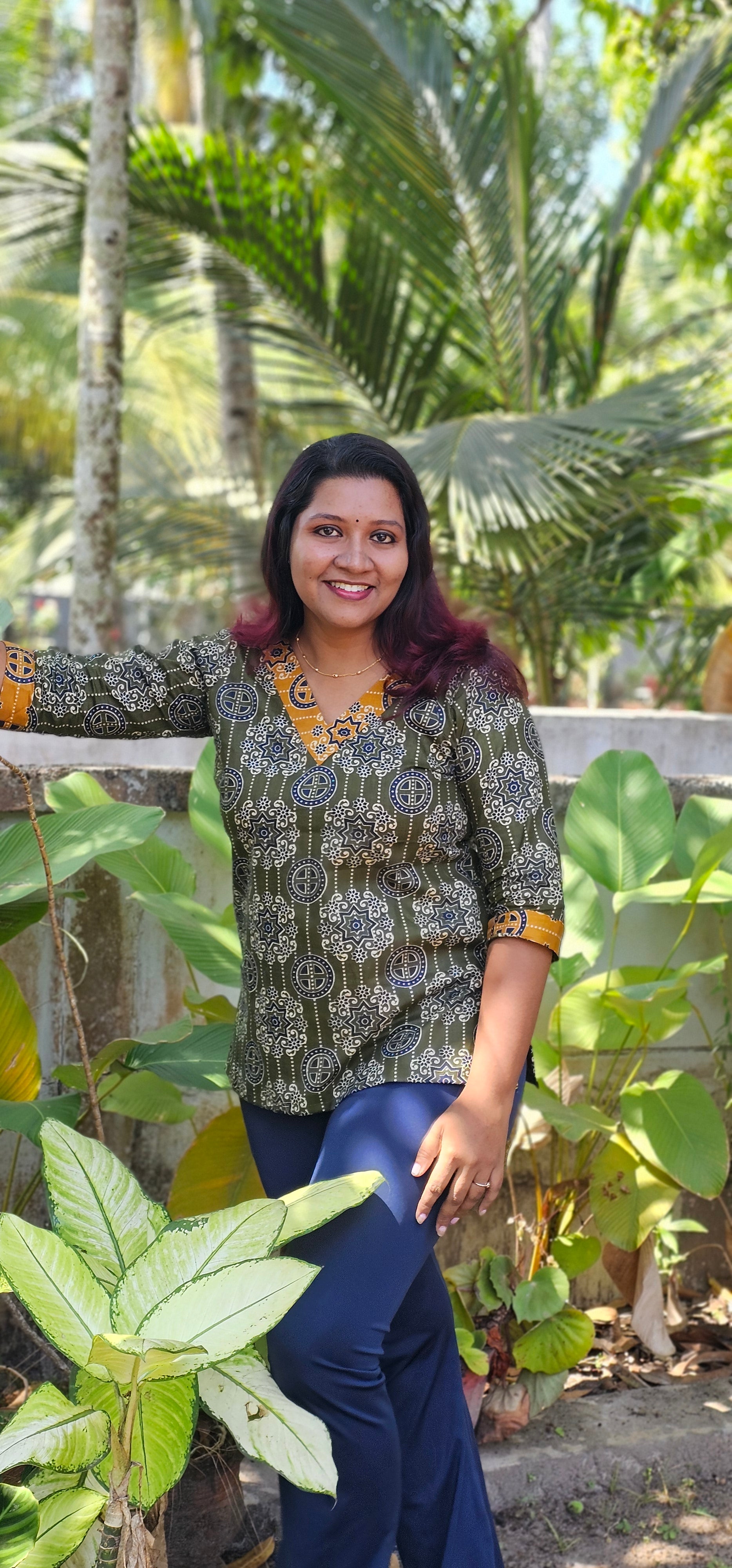 Miya Olive Green Cotton Printed Short Kurti