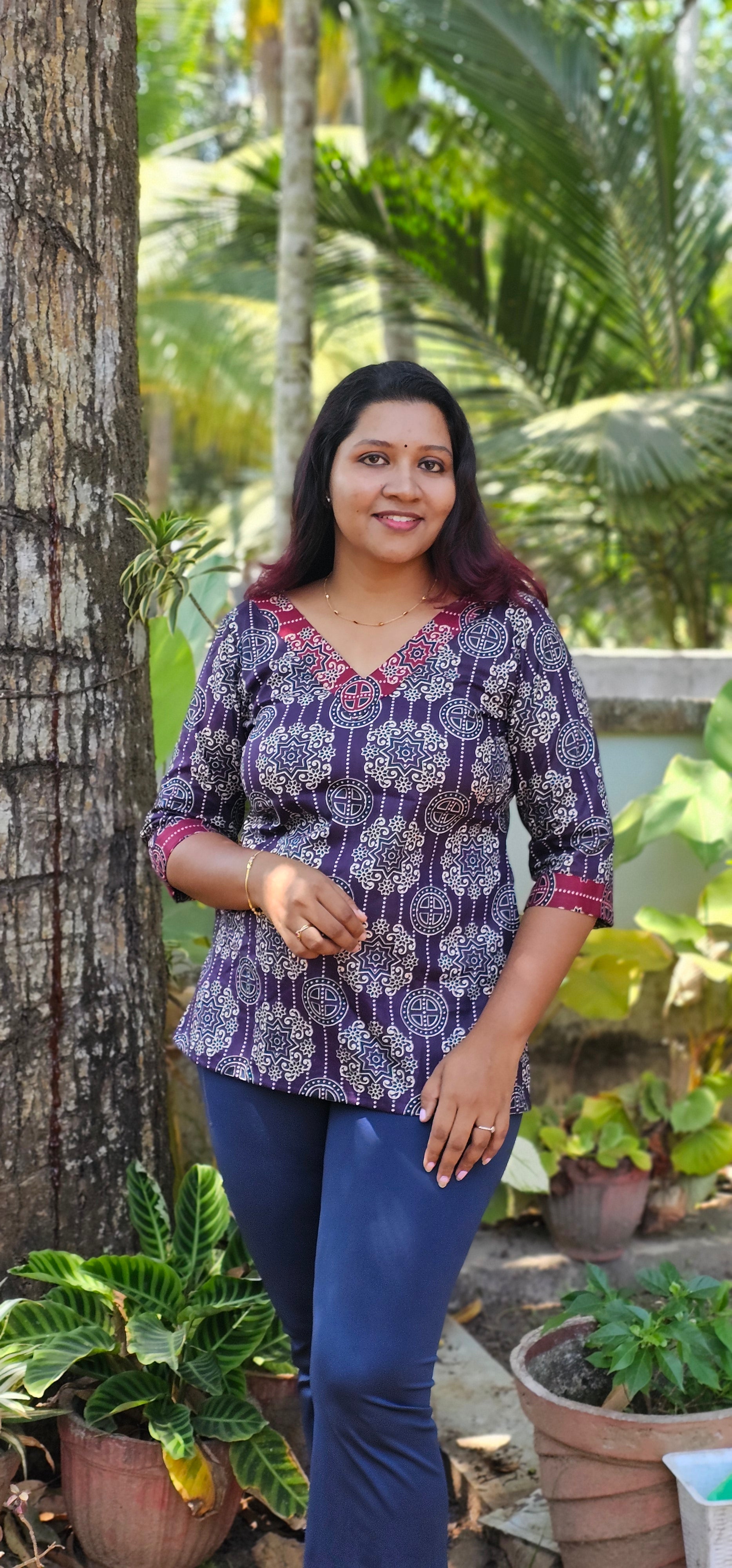 Miya Navy Blue Cotton Printed Short Kurti