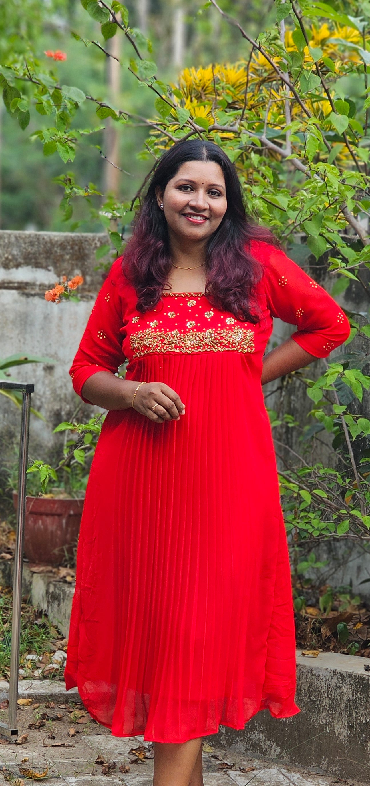 Zyli Handworked Red Pleated Dress