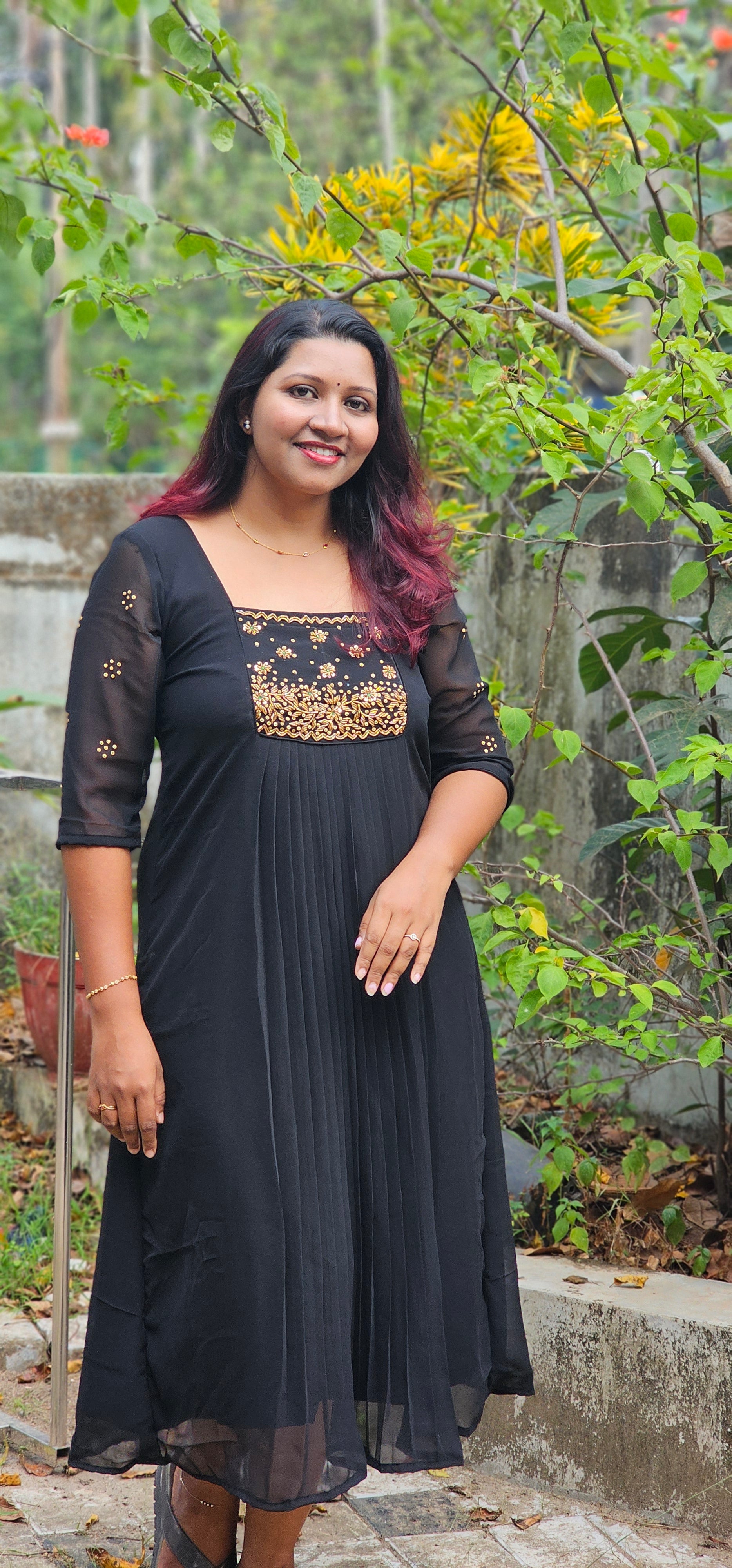 Zyli Handworked Black Pleated Dress