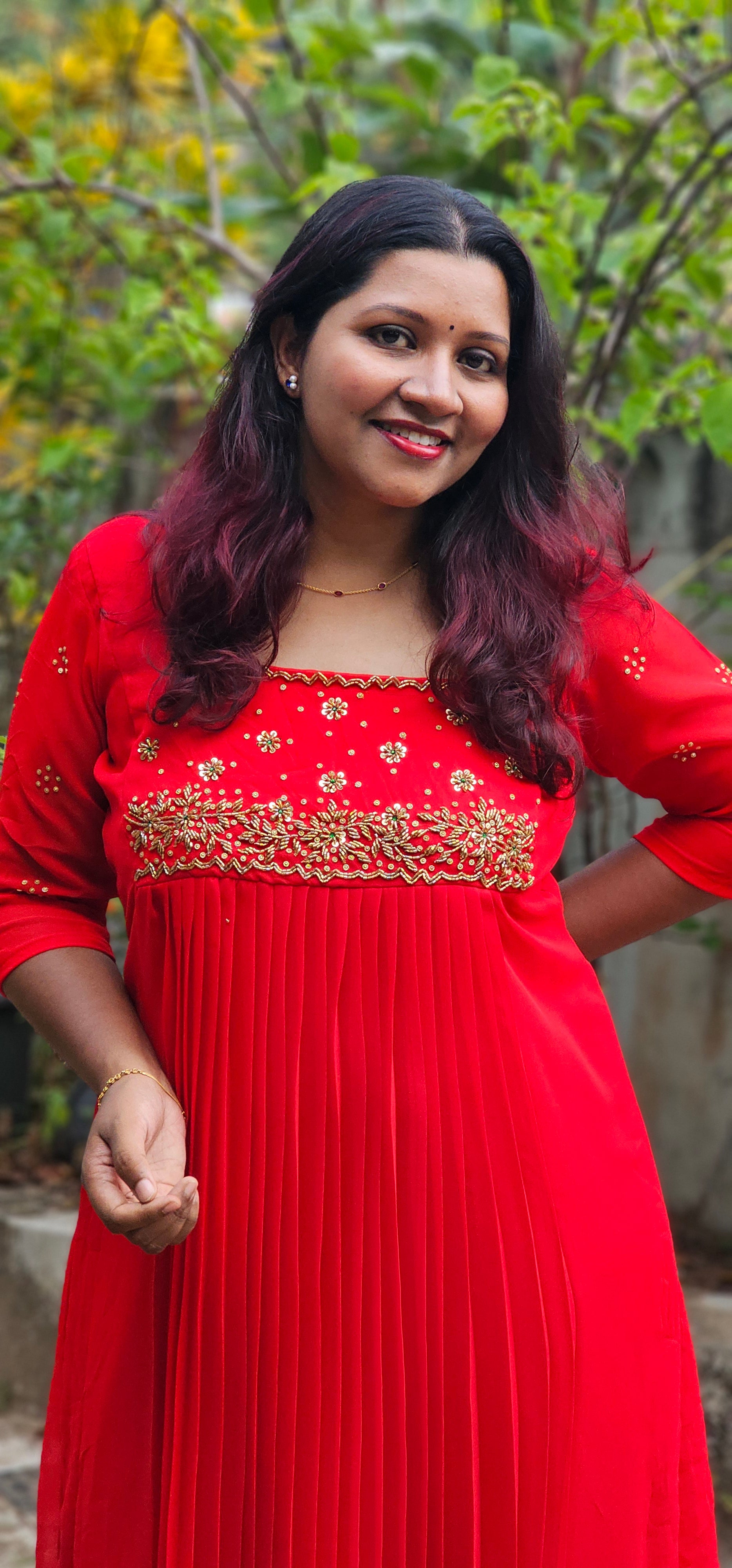 Zyli Handworked Red Pleated Dress