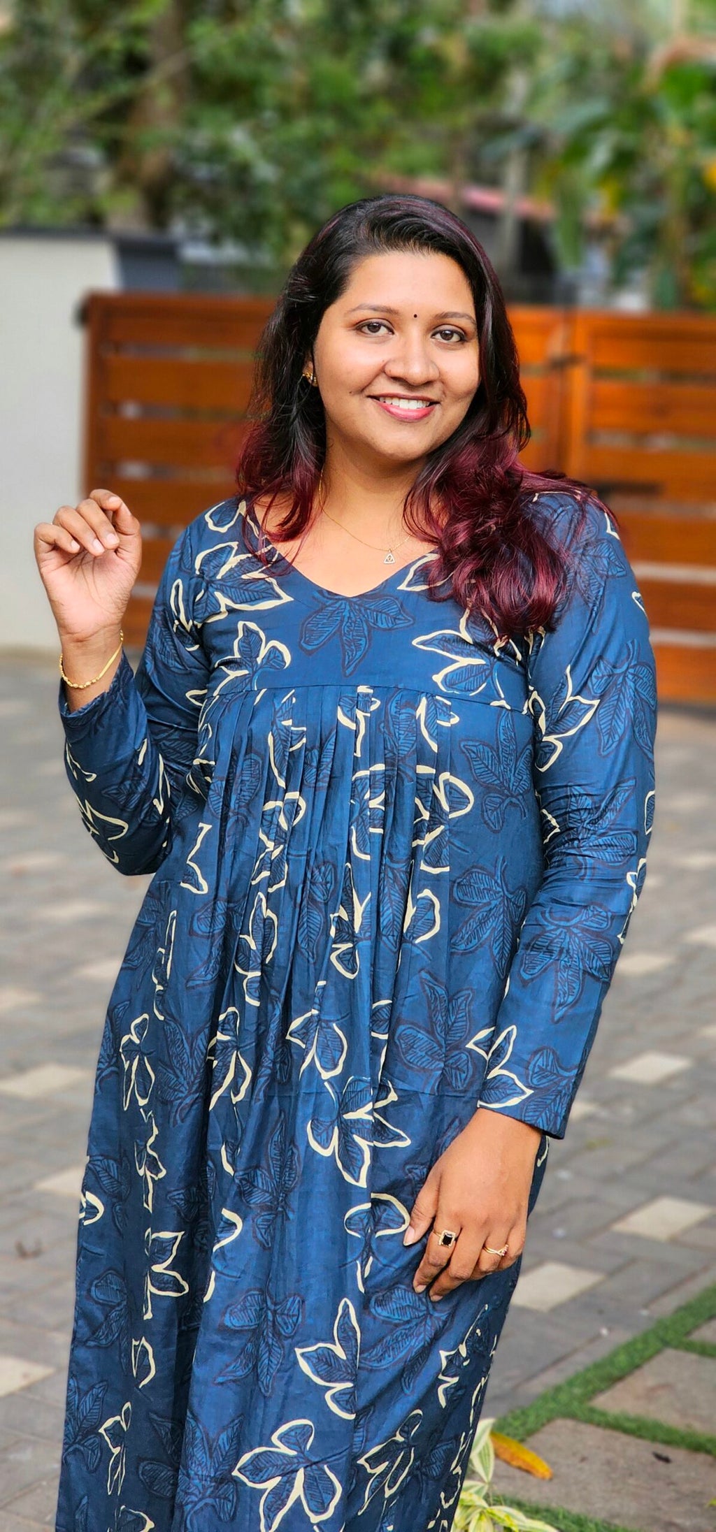 'Aira' Teal Cotton Pleated Dress with Full Sleeves image 0