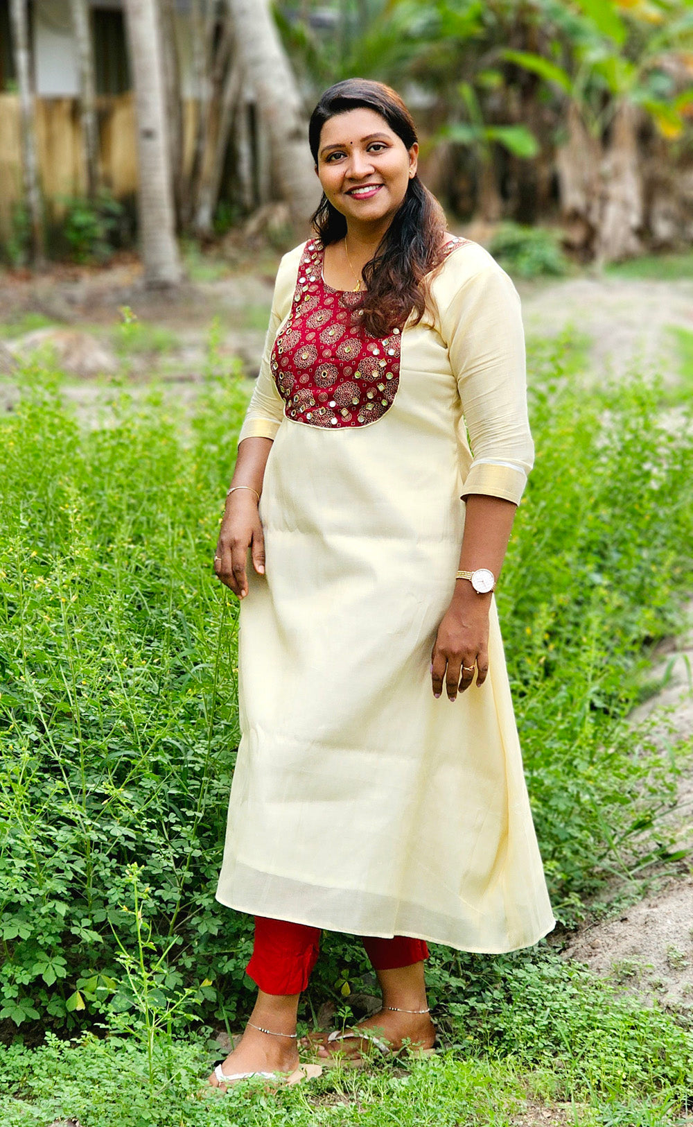 Golden Tissue Aline Top With Maroon Ajrakh Mirror Yoke image 0