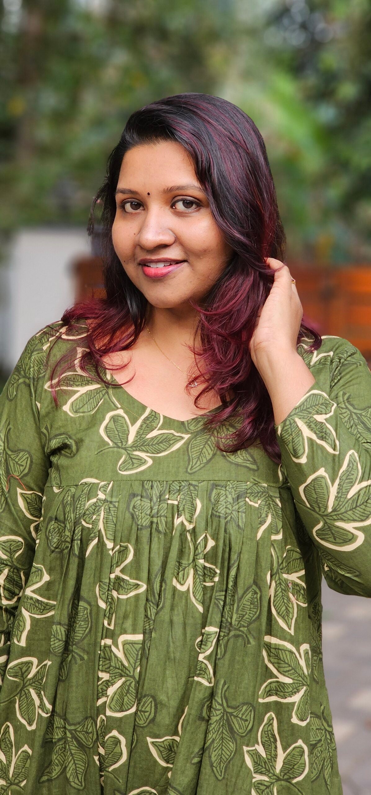 'Aira' Green Cotton Pleated Dress with Full Sleeves image 0