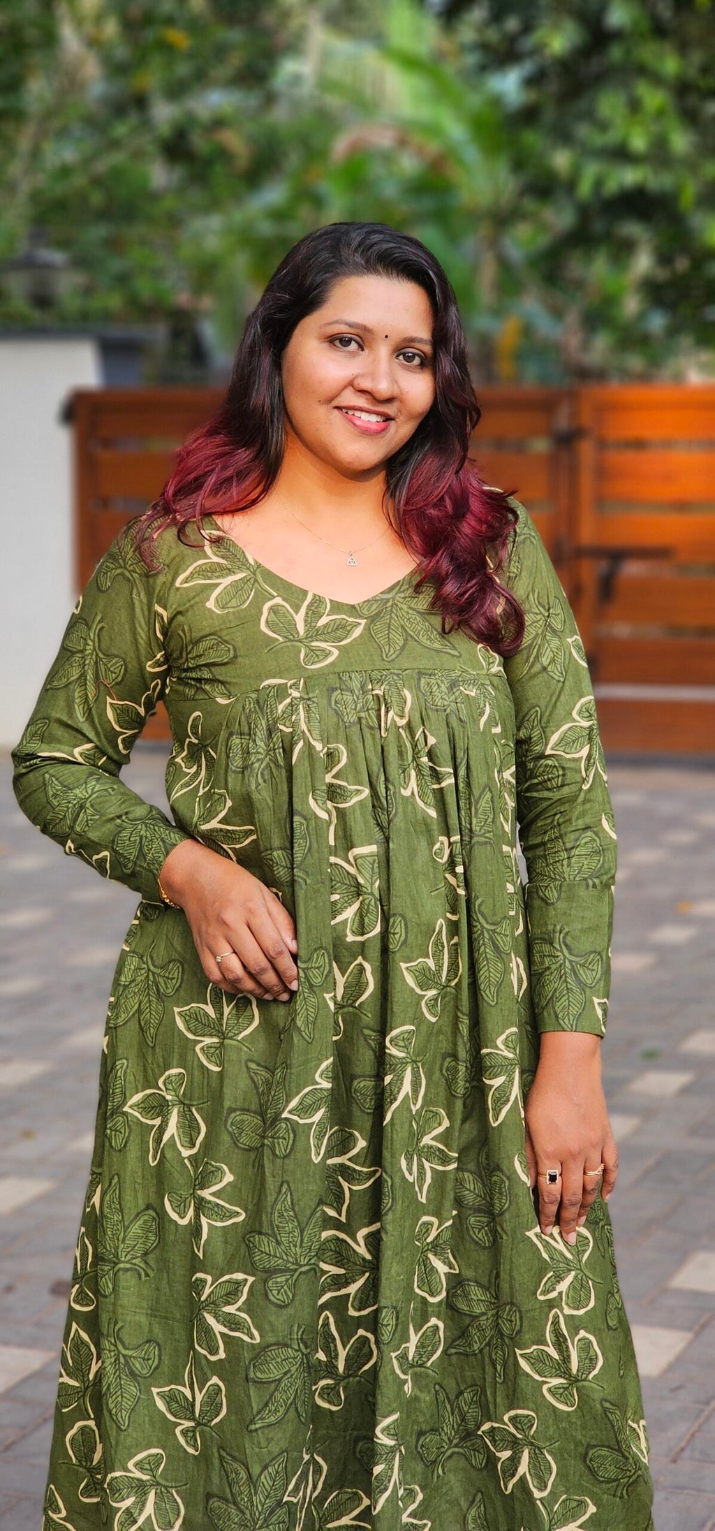 'Aira' Green Cotton Pleated Dress with Full Sleeves image 1