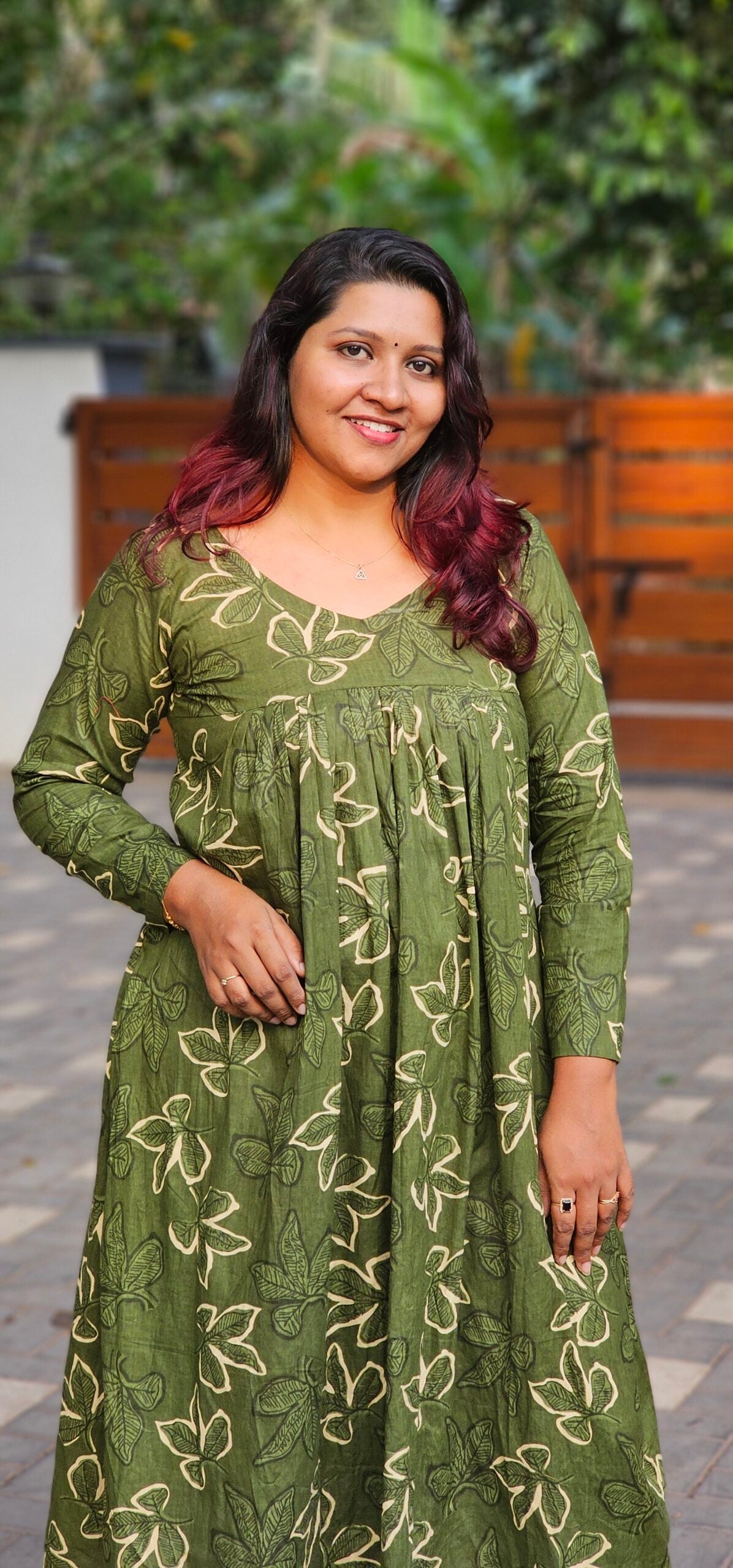 'Aira' Green Cotton Pleated Dress with Full Sleeves image 1