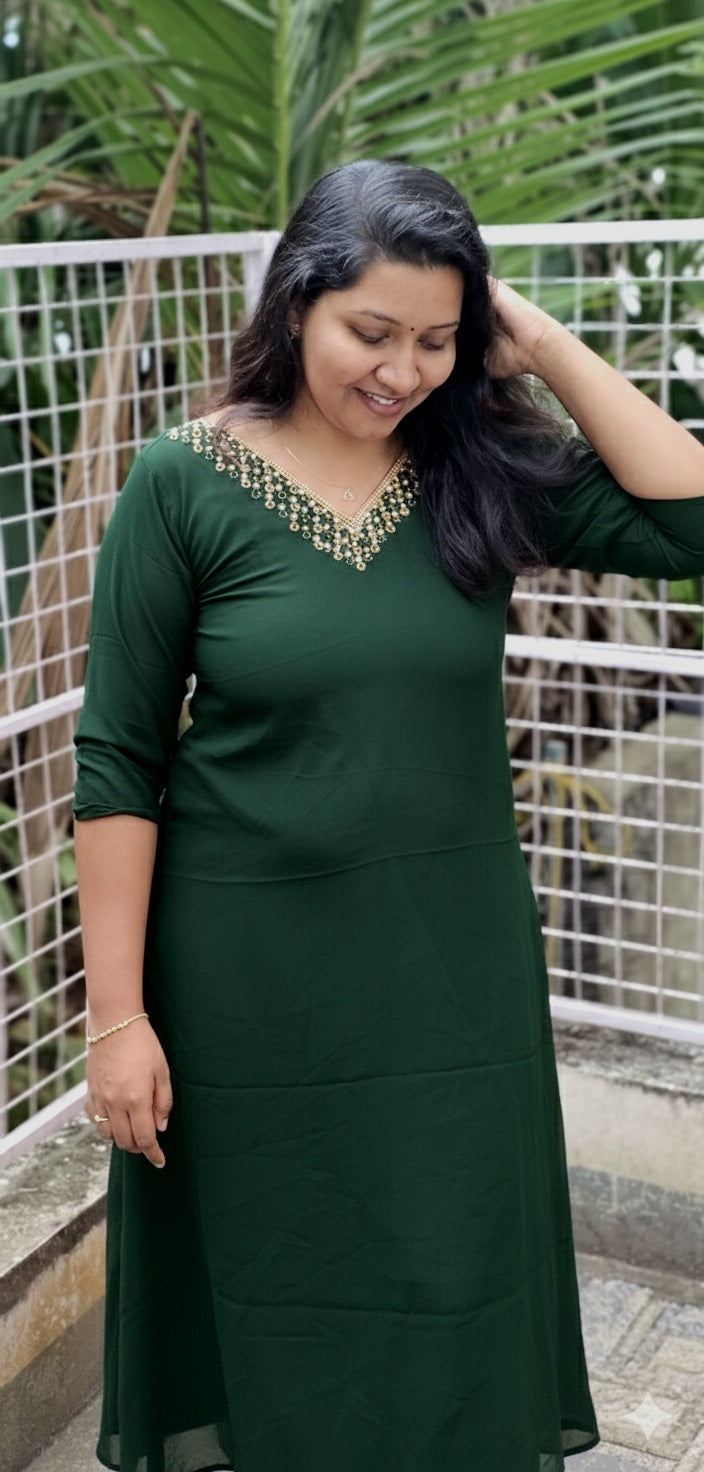 Aleena’ Thread Worked A-Line Georgette Top Green Colour image 0