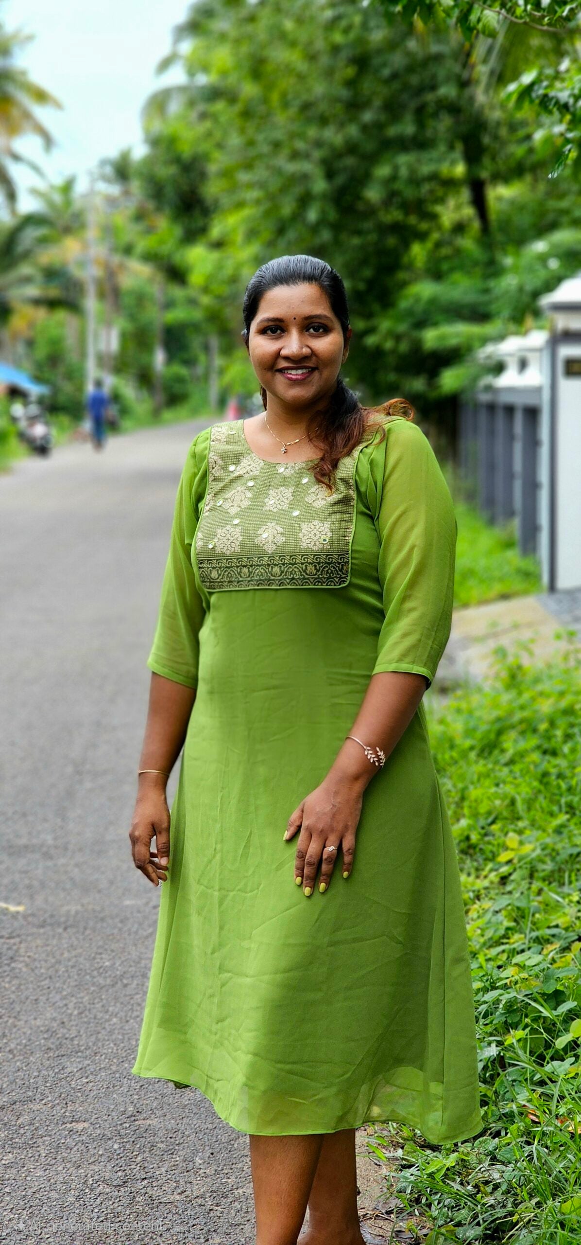 Block Printed Yoke with Mirrors  Green Georgette Aline Top image 0