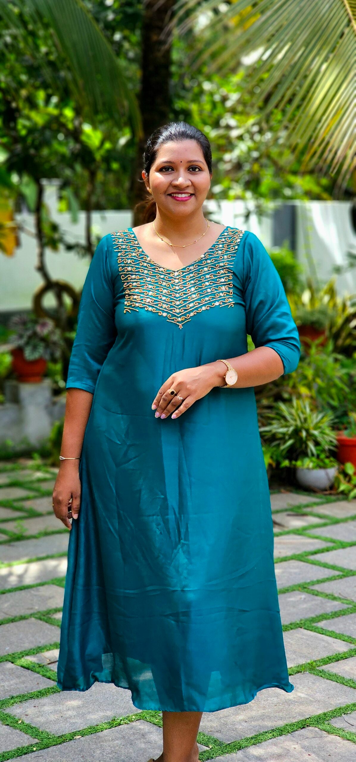 Green Vichithra Silk Heavy Handworked Kurti image 0