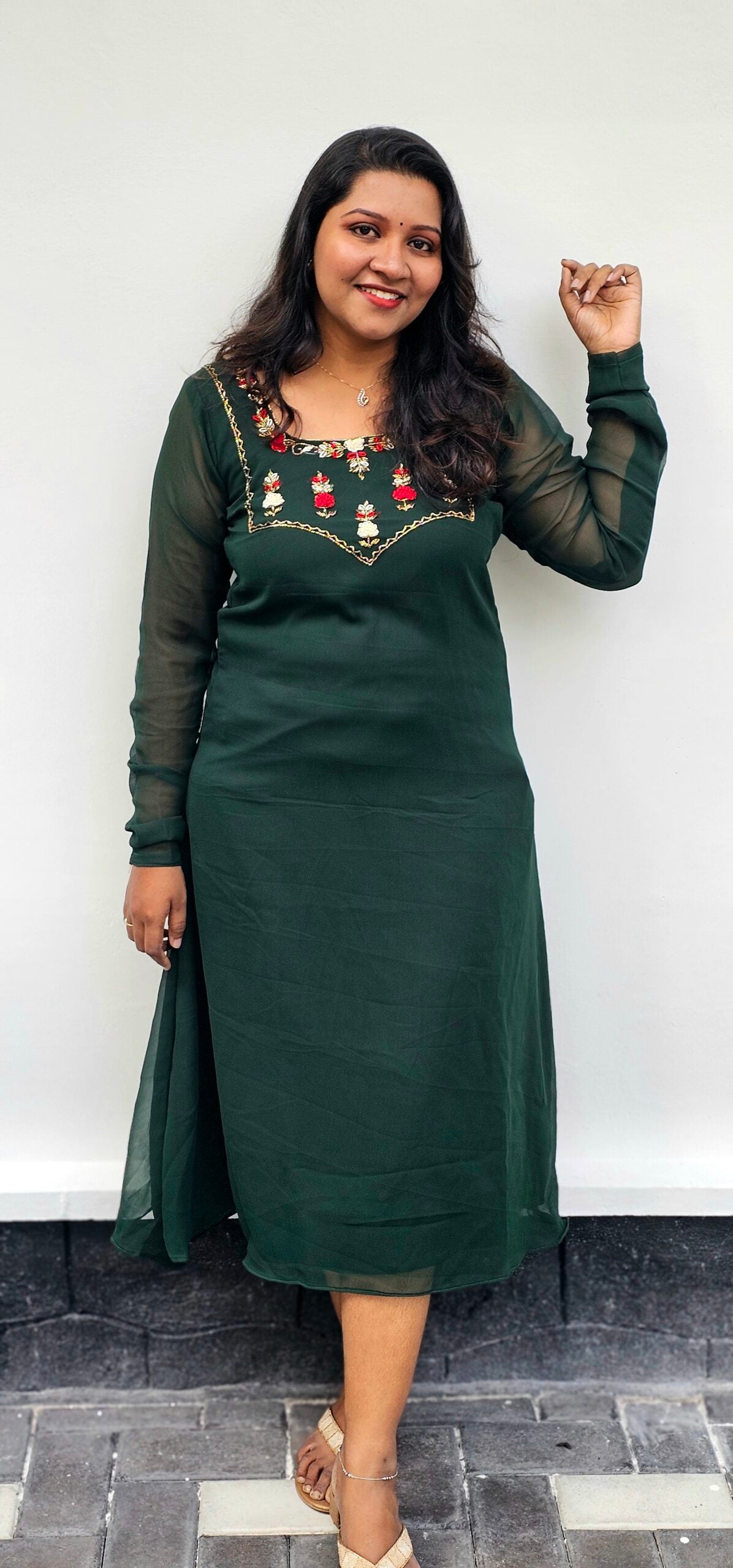 Bottle Green Handworked Georgette Christmas Special Kurti image 1