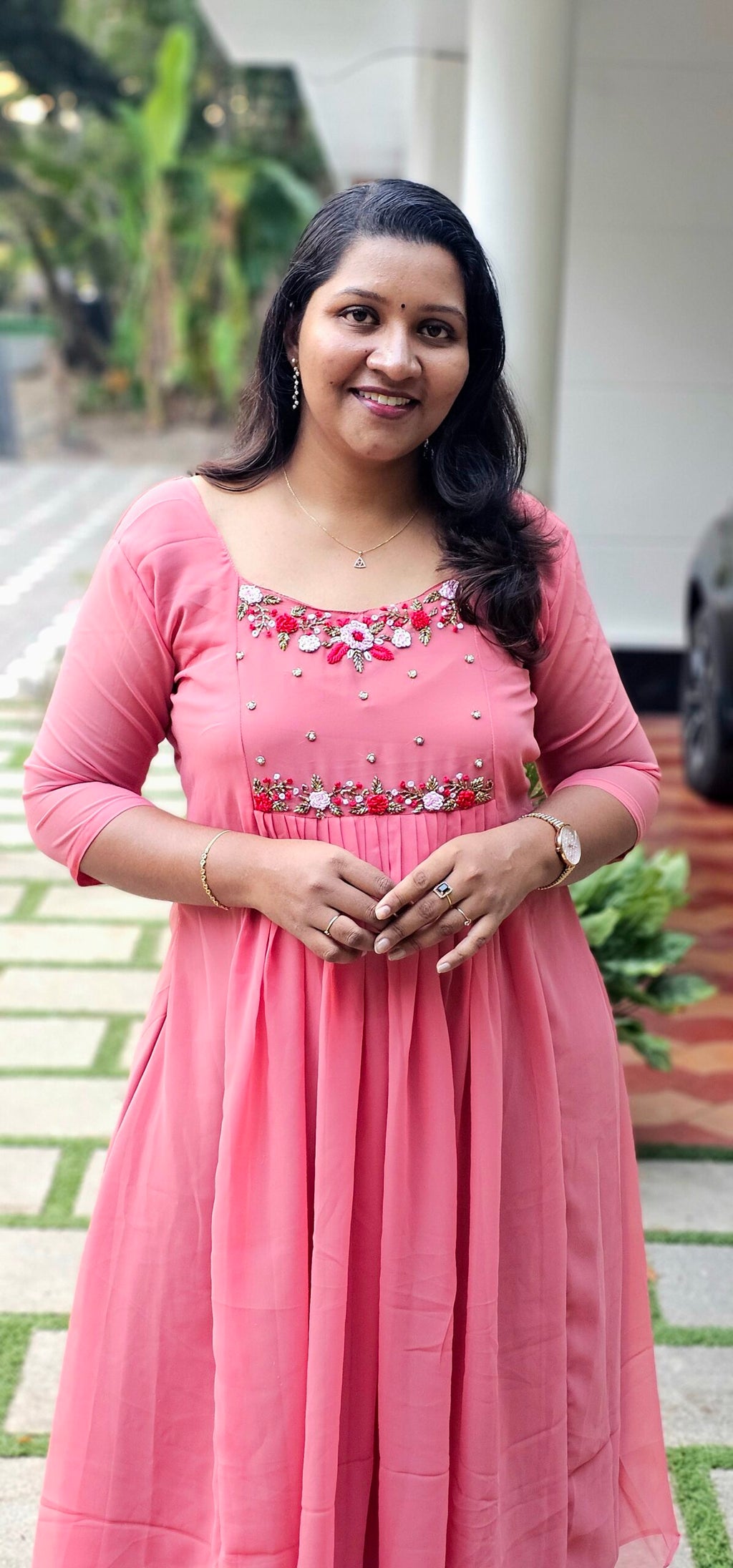 Grace Deep Blush Floral Handwork Pleat Kurti image 1