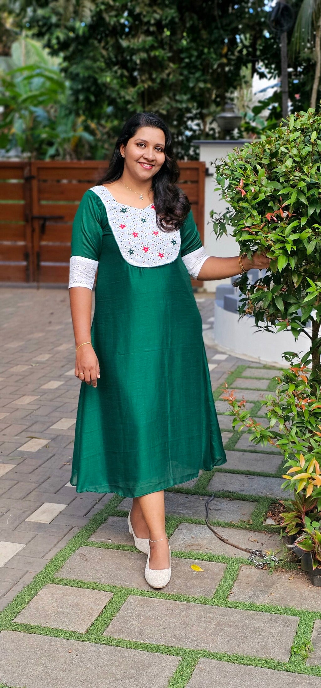 'Carolina' Green Vichithra Silk Kurti with Hakoba Yoke image 0