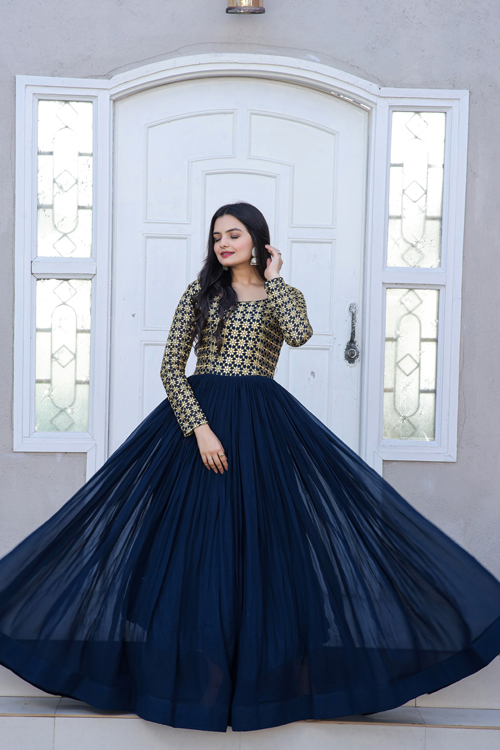 Embroidered New Designer party Wear Georgette Gown, Blue at Rs 999 in Surat
